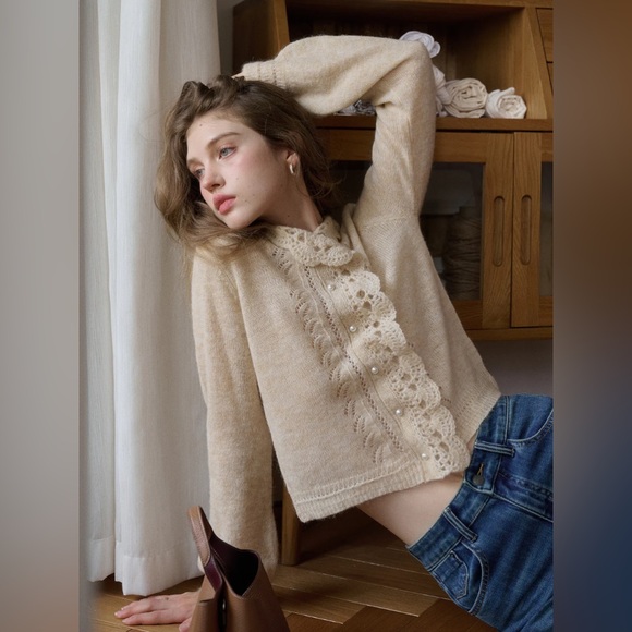 Simple Retro Sweaters - Cute Cream crochet cardigan with pearl buttons new with tag